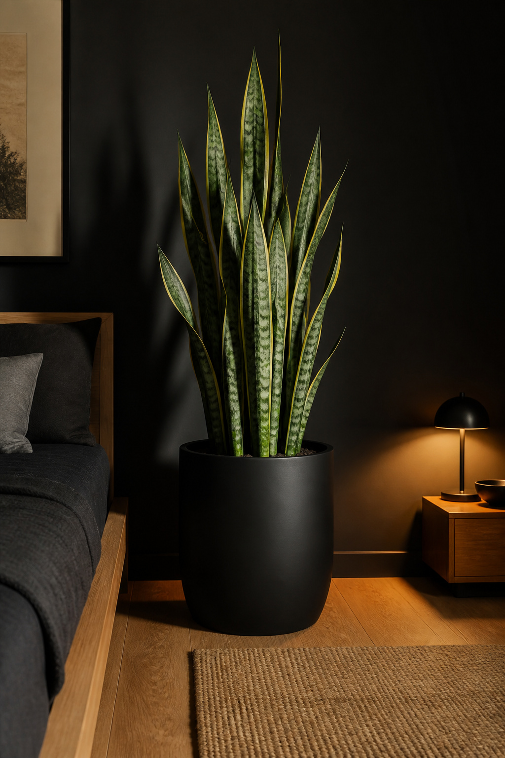 A snake plant in a matte black planter against a black wall — the living plant appears electric rather than subtle, its green amplified by the absorbing dark field behind it.