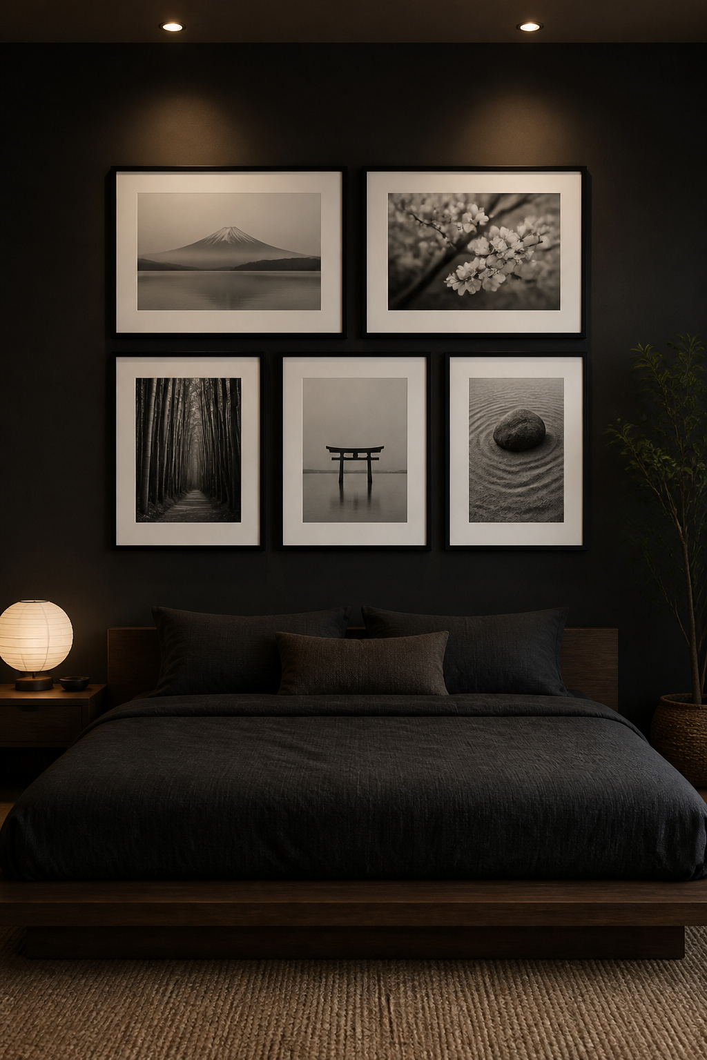 A grid of monochrome prints in matching black frames extends the room's tonal language into the artwork — the most natural art choice for a black bedroom because it works with the palette rather than against it.