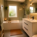 A budget bathroom transformed with deliberate choices — the result of applying Japanese design principles to a tight budget: edit everything, upgrade the details, and let the materials speak.