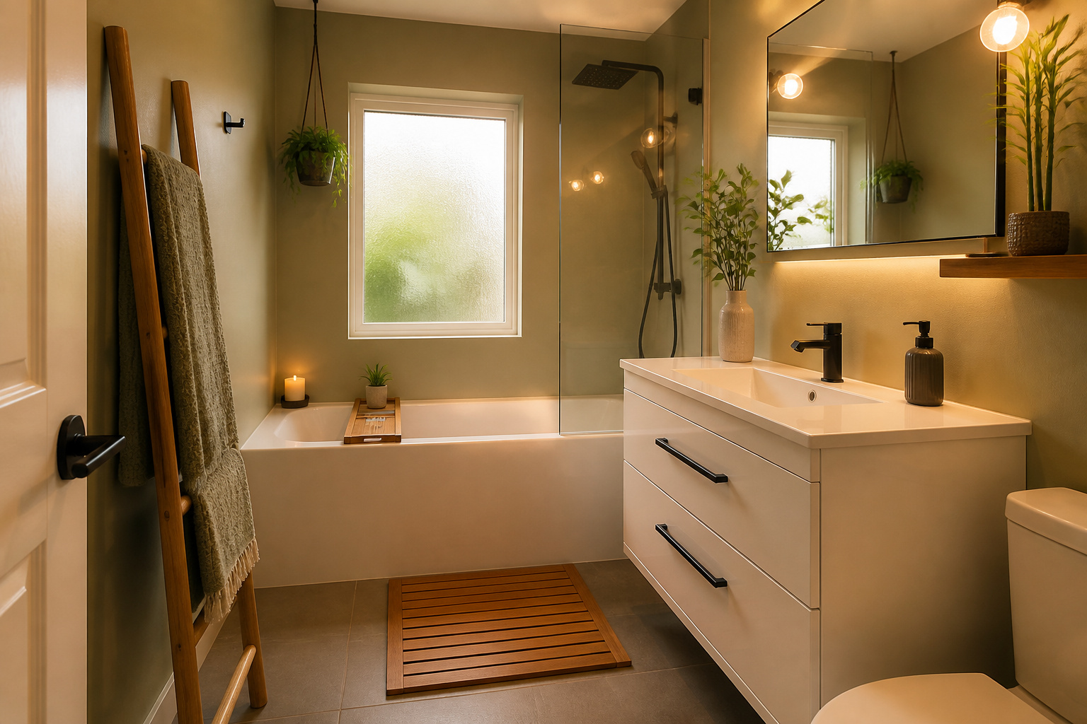 A budget bathroom transformed with deliberate choices — the result of applying Japanese design principles to a tight budget: edit everything, upgrade the details, and let the materials speak.