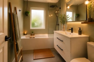 A budget bathroom transformed with deliberate choices — the result of applying Japanese design principles to a tight budget: edit everything, upgrade the details, and let the materials speak.
