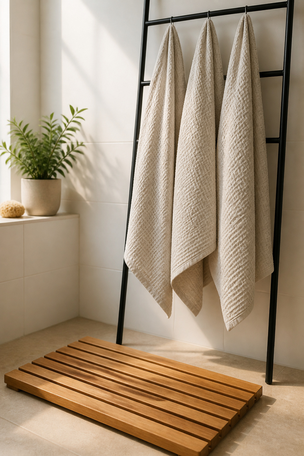 Matching waffle-weave towels and a teak bath mat signal quality through material choice — a textile-first approach to bathroom ideas on a budget that requires no tools and no installation.