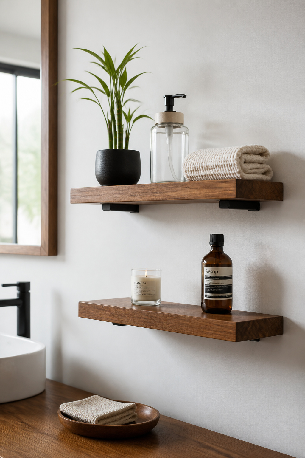 Open floating shelves in teak enforce mindful storage — one of the most practical affordable bathroom ideas for imposing order without a full cabinet installation.
