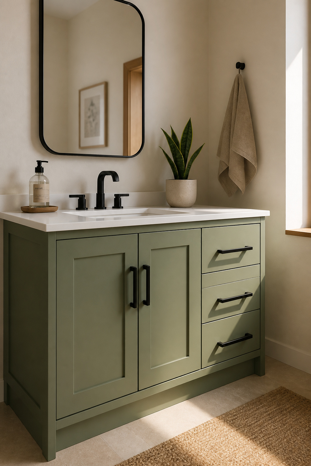 A repainted vanity in sage green with new matte black hardware — one of the most dramatic bathroom ideas on a budget for transforming a room without replacing a single fixture.