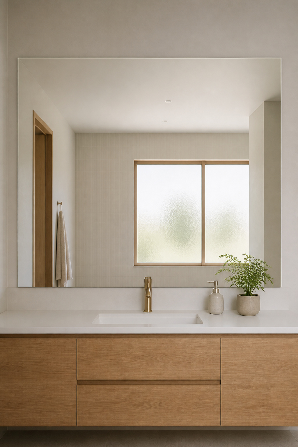 An oversized frameless mirror spanning the vanity width doubles the perceived depth of a small bathroom — one of the most effective budget bathroom ideas for compact spaces.