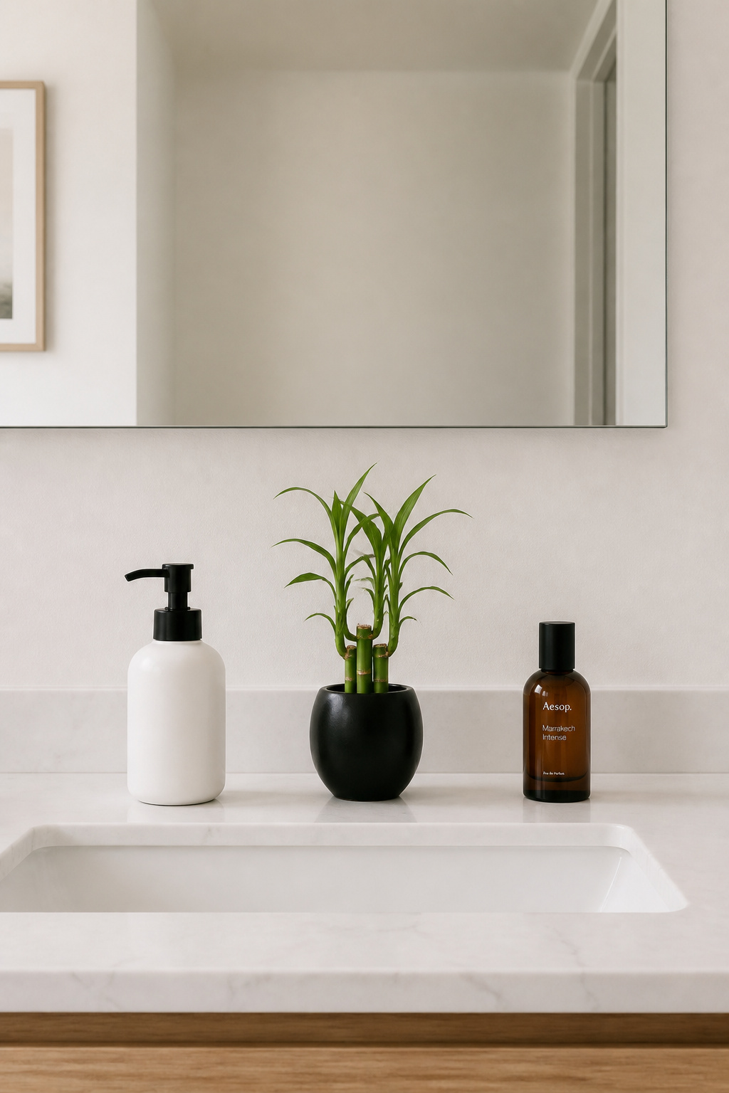 Three deliberately chosen objects with clear space between them — the 'three object' rule from Japanese interior design applied to bathroom ideas on a budget where the act of editing costs nothing.