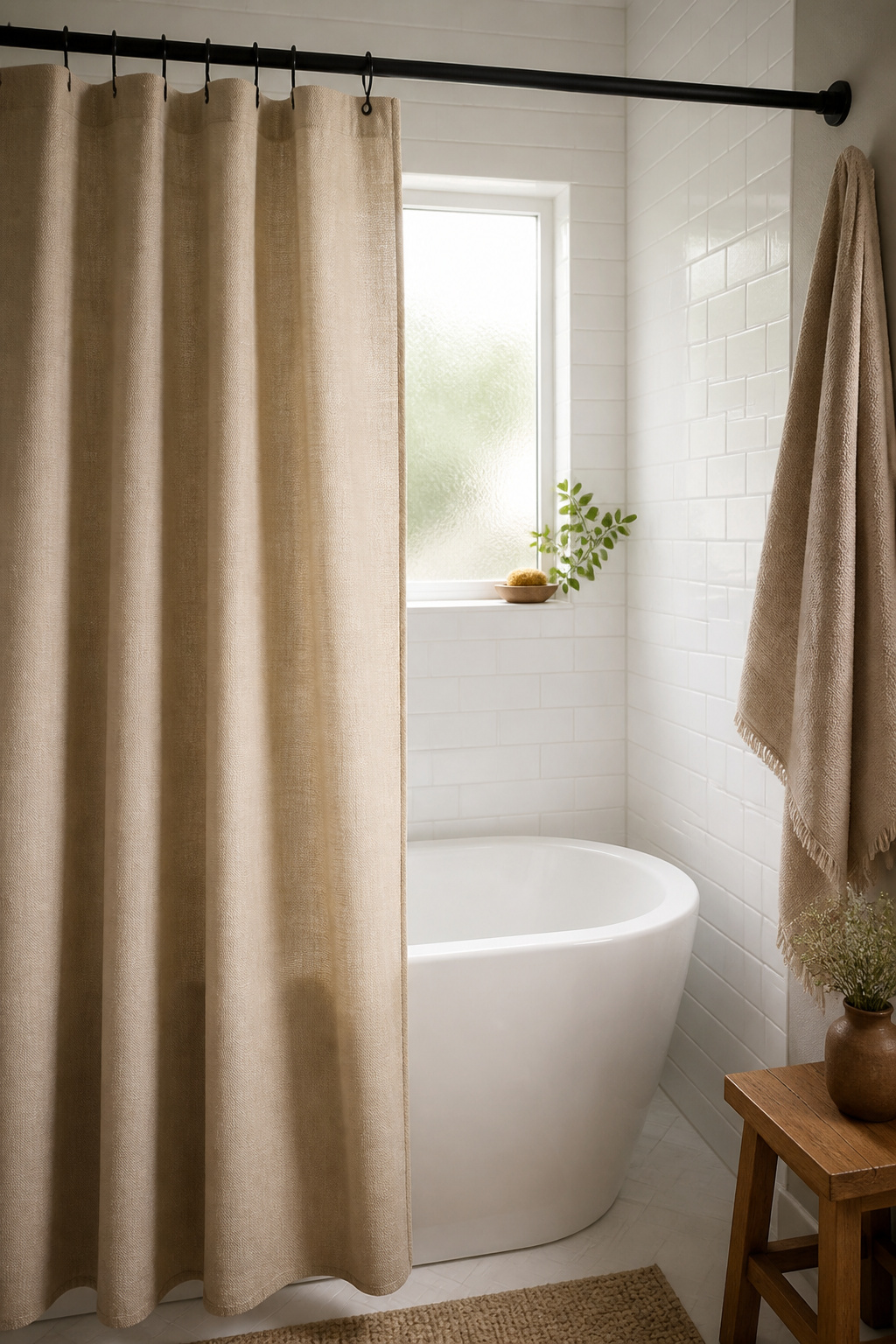 A linen curtain on a no-drill tension rod softens the clinical feel of glass — one of the more counterintuitive but genuinely effective bathroom ideas on a budget for renters and small spaces.