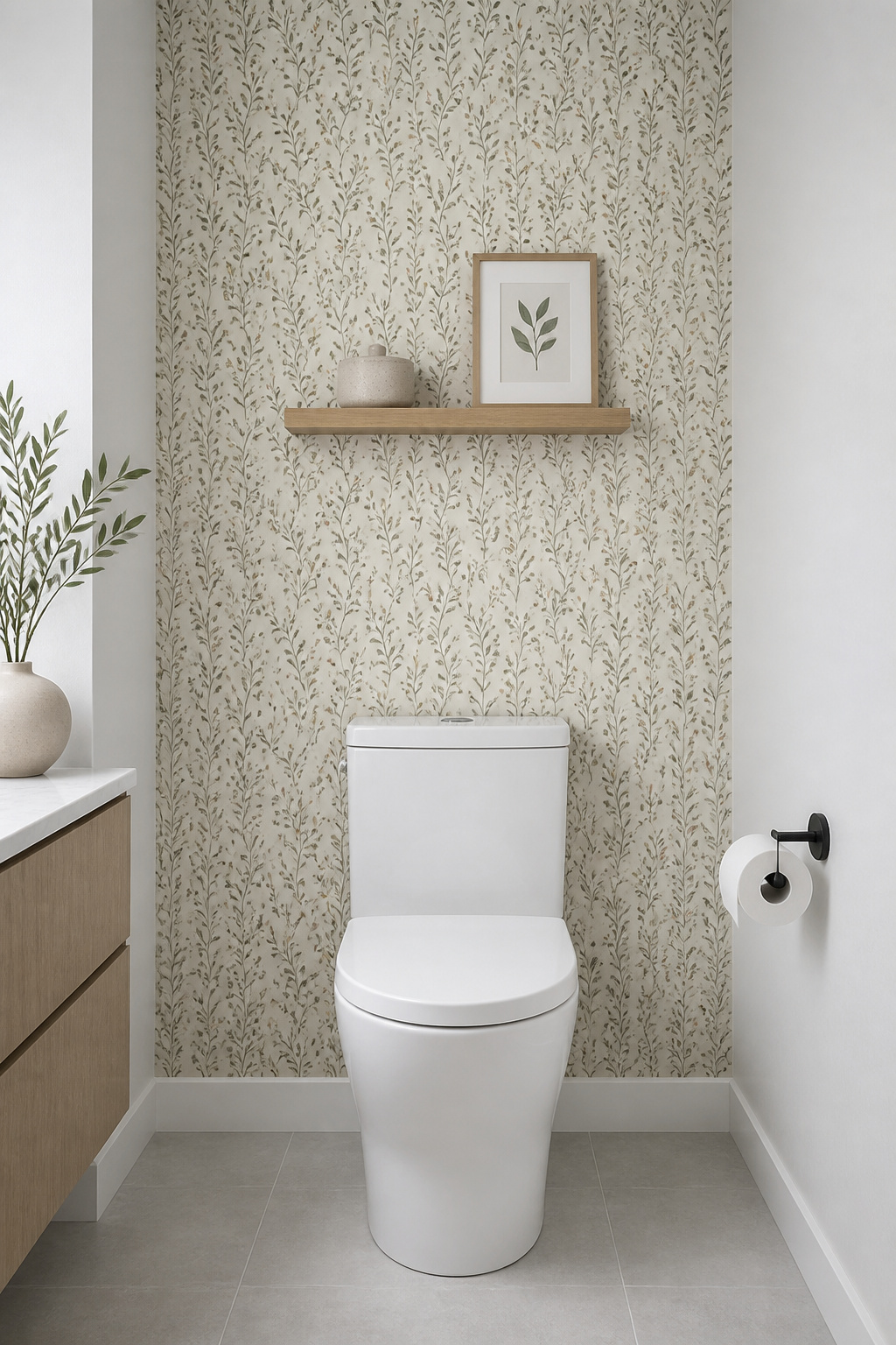 A botanical peel-and-stick wallpaper panel behind the toilet introduces personality to a blank wall — one of the most reversible and renter-friendly bathroom ideas on a budget.