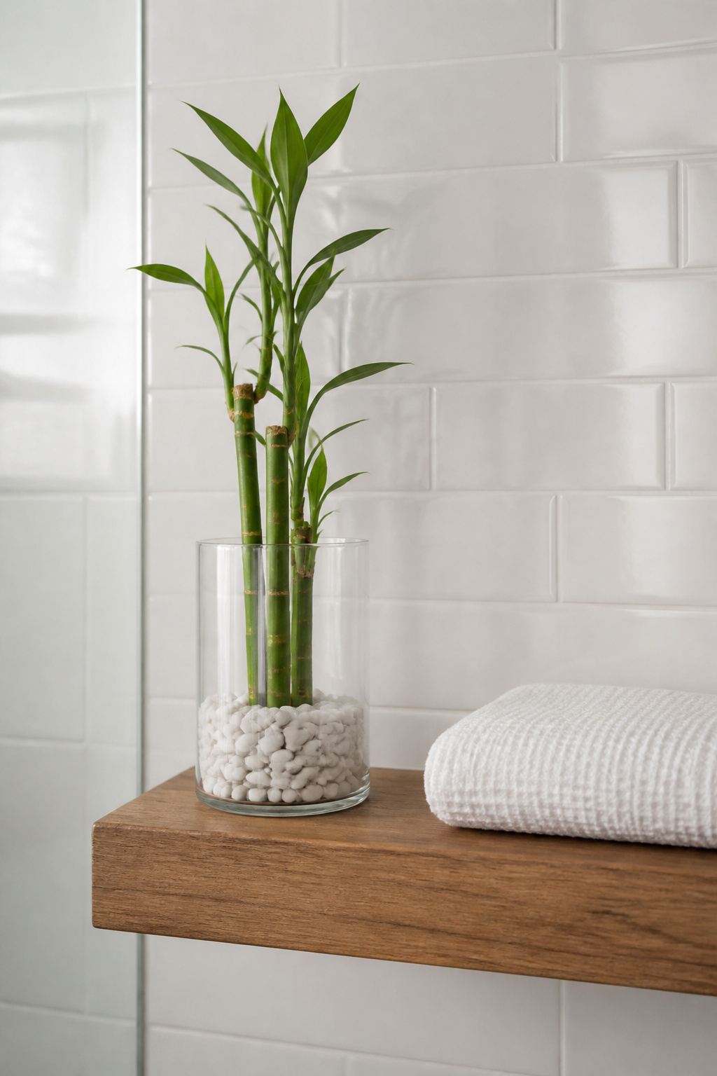 A single lucky bamboo on an open shelf introduces biophilic calm at minimal cost — one of the most overlooked bathroom ideas on a budget for shifting a room's atmosphere.