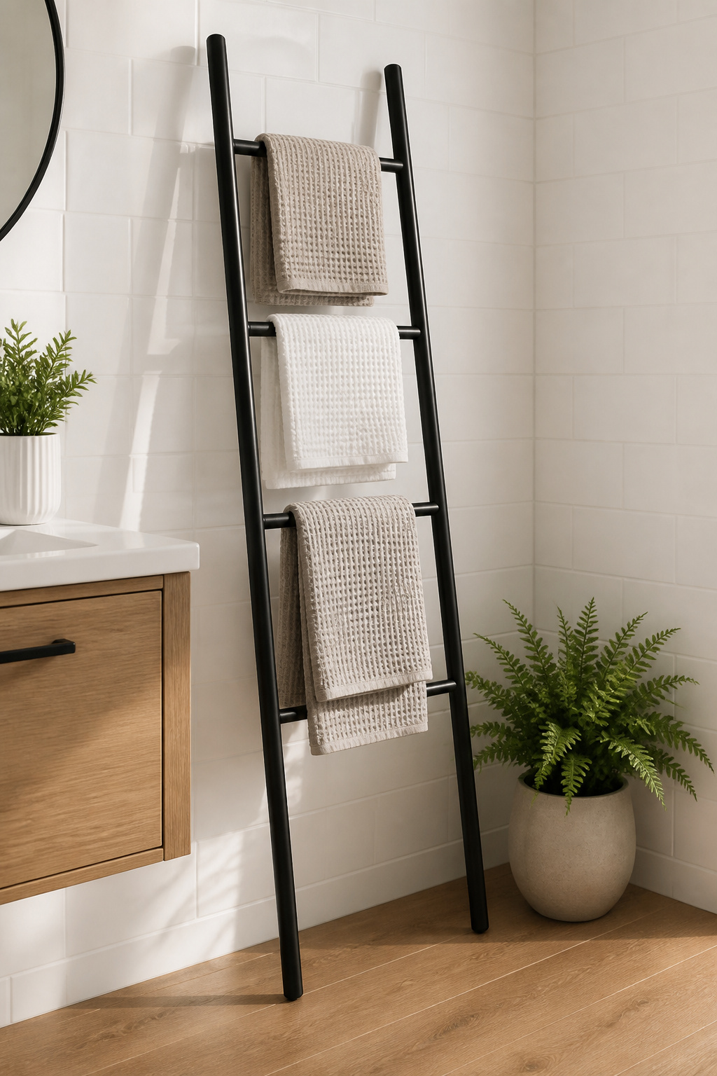 A matte black ladder towel rail in a corner brings vertical warmth and drying function — a classic among bathroom ideas on a budget for transforming empty wall space without drilling.