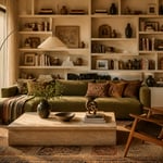 A living room furniture design that draws from artisanal craft and global textile traditions — the sofa, coffee table, accent chair, and shelving each earning their place rather than filling it.