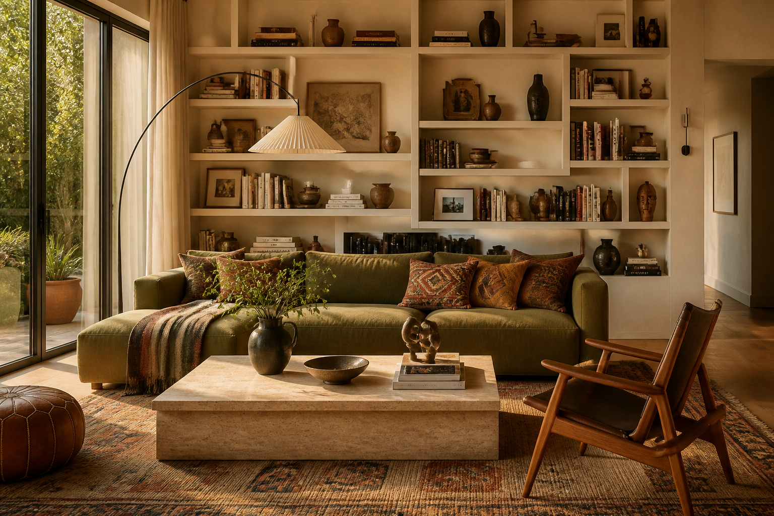 A living room furniture design that draws from artisanal craft and global textile traditions — the sofa, coffee table, accent chair, and shelving each earning their place rather than filling it.
