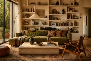 A living room furniture design that draws from artisanal craft and global textile traditions — the sofa, coffee table, accent chair, and shelving each earning their place rather than filling it.