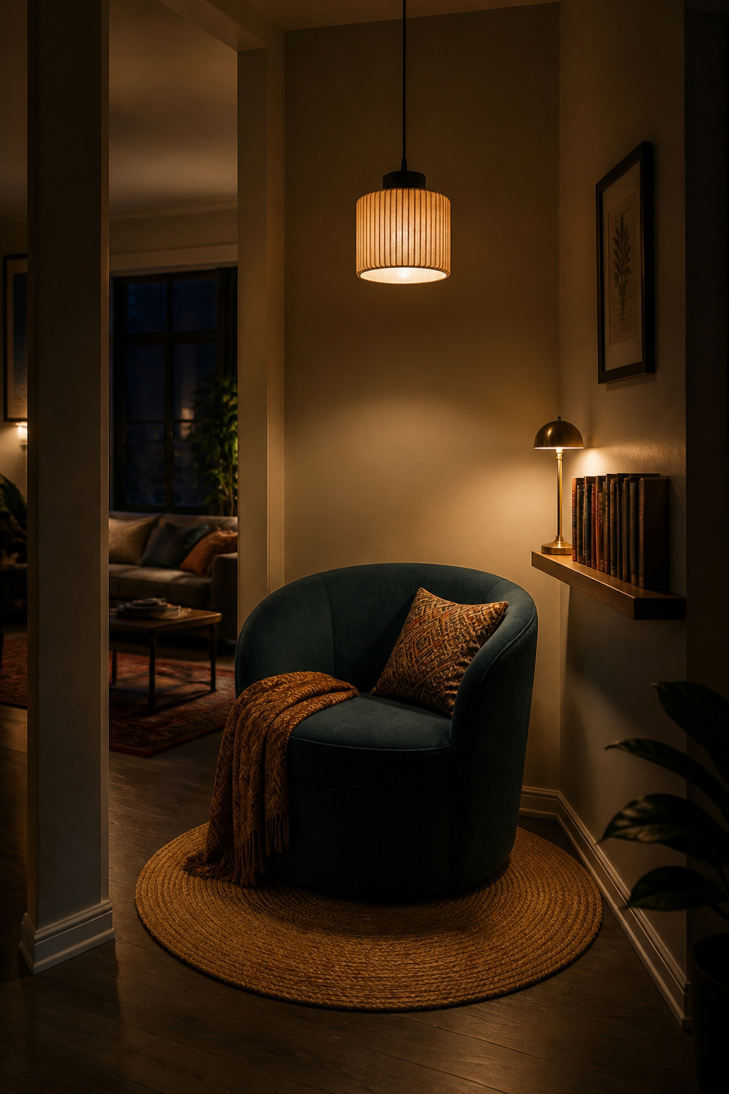 The pendant at 7 feet does the reading nook's most important work — it creates a light pool that separates the corner from the main room without any physical division.