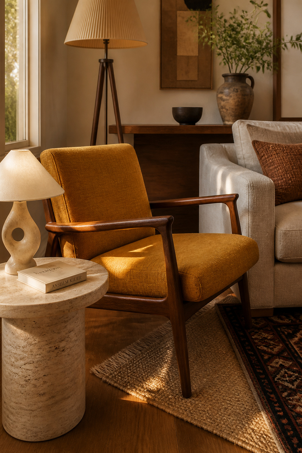 The accent chair placed at 45 degrees rather than flanking the sofa symmetrically creates a conversation geometry that a straight arrangement never achieves.