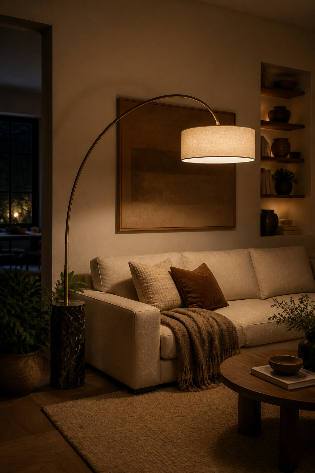 The arc lamp treats overhead light as a design decision, not an engineering compromise — it reaches over the seating zone and makes the furniture arrangement feel complete from across the room.