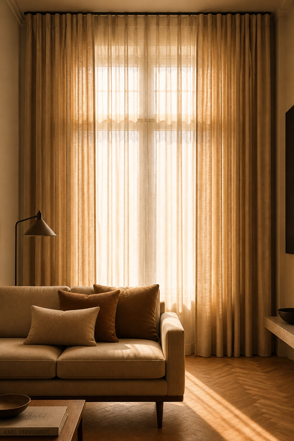 Hung at ceiling height rather than window-frame height, the same linen curtain creates an entirely different room — taller, calmer, and more considered from every angle.