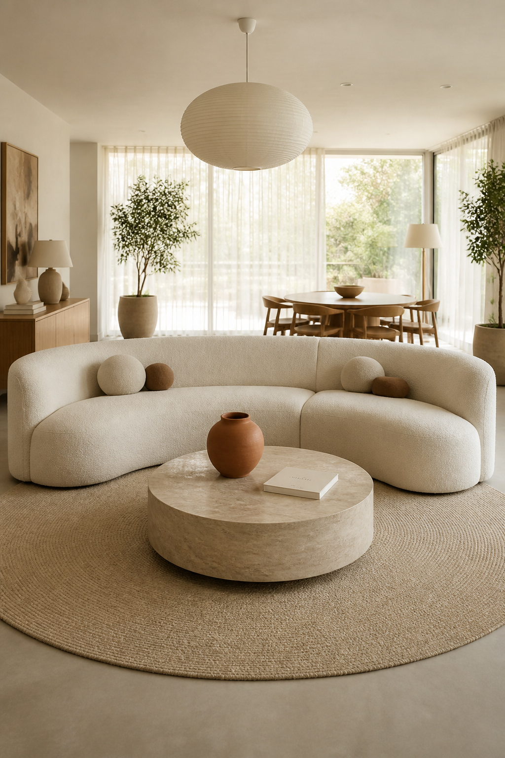 A curved sectional positioned away from the walls creates a seating zone the eye immediately recognises — without a single partition or screen.