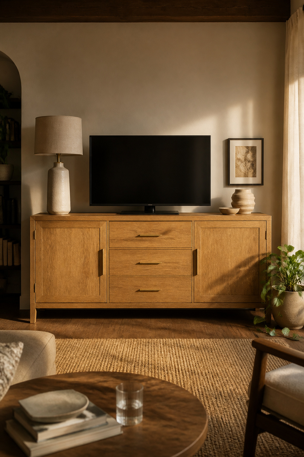 A sideboard treats the television as one element among several rather than the room's only point of focus — which is what most living rooms need.