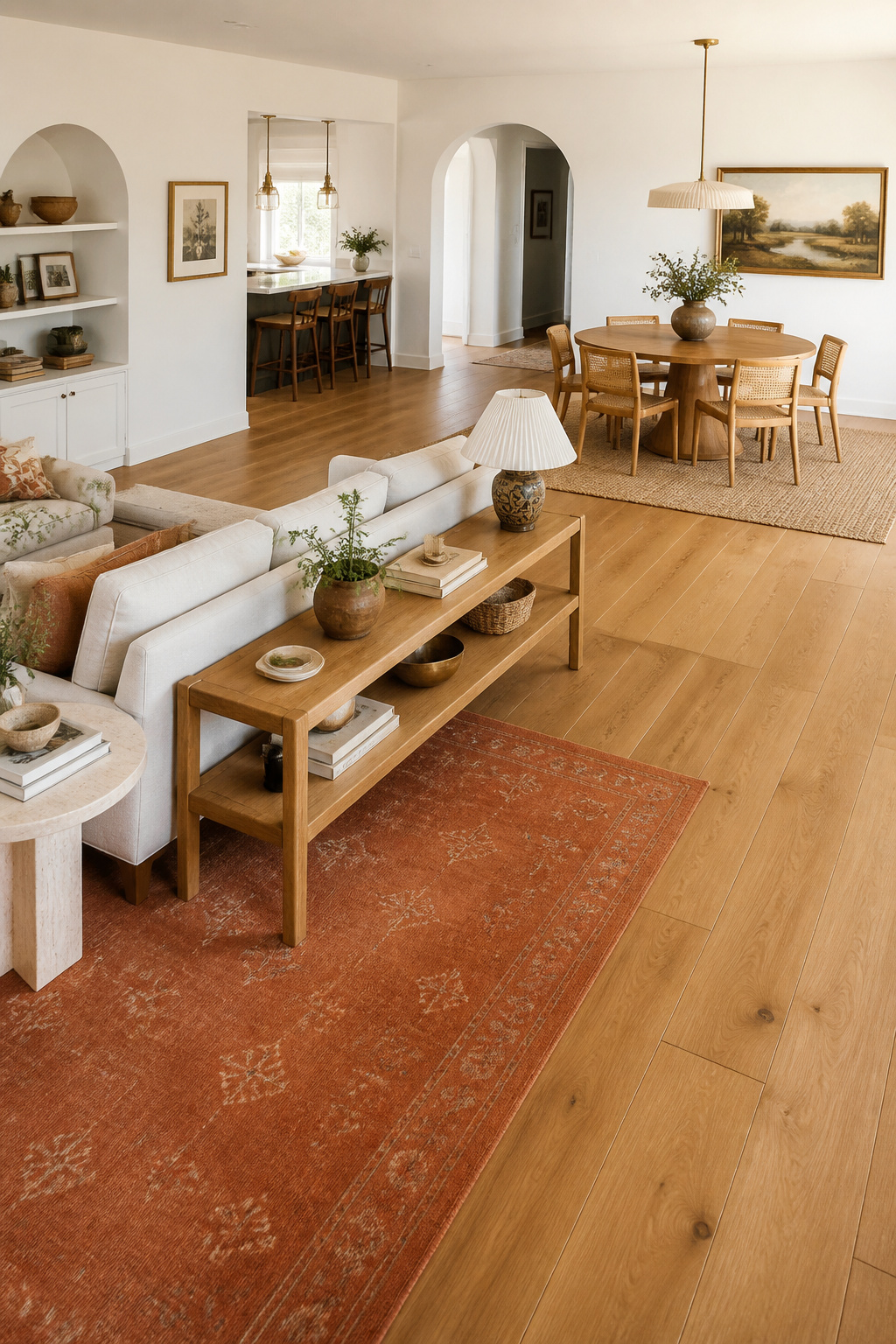 The sofa's back facing the dining zone is the most effective furniture divider available — it signals where one room ends and another begins without a single wall or partition.