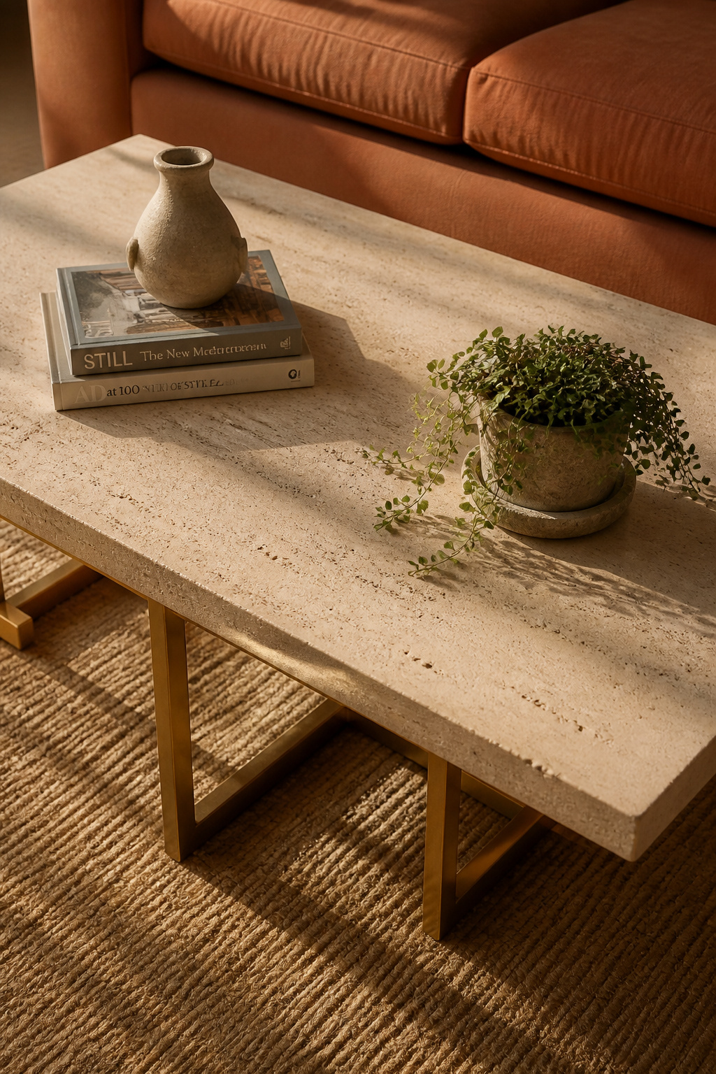 Travertine's natural voids and cream-grey tone develop character rather than wear — making it one of the few coffee table materials that improves with age and daily contact.