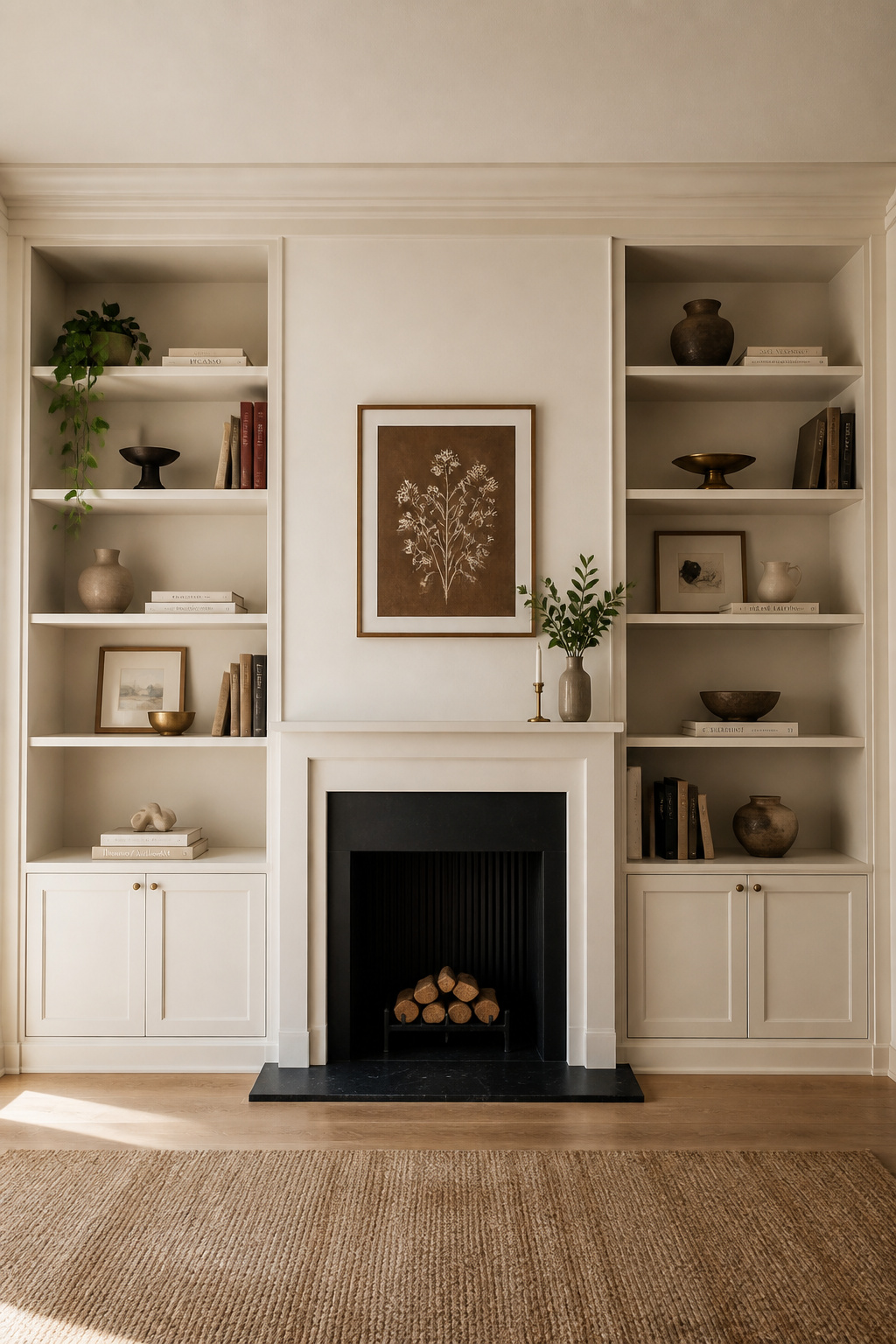 Three finishing details separate the flat-pack shelving unit from the built-in architectural feature: capping strips, crown moulding, and baseboard trim at the floor.