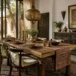 A wide hero view of a global-artisan dining room blending hand-carved wood, brass inlay, and layered textiles.