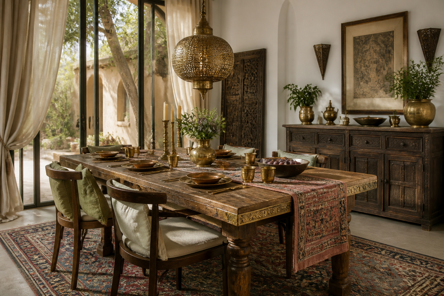 A wide hero view of a global-artisan dining room blending hand-carved wood, brass inlay, and layered textiles.