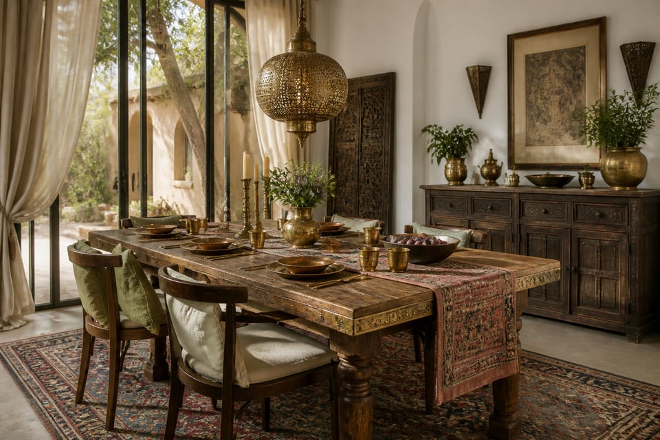 A wide hero view of a global-artisan dining room blending hand-carved wood, brass inlay, and layered textiles.