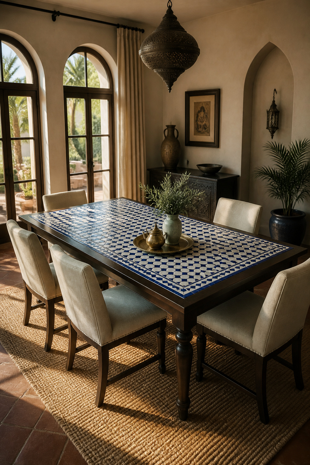 A styled look at moroccan zellige tile-topped dining table for a mosaic centerpiece, photographed in a warm, editorial dining room setting.