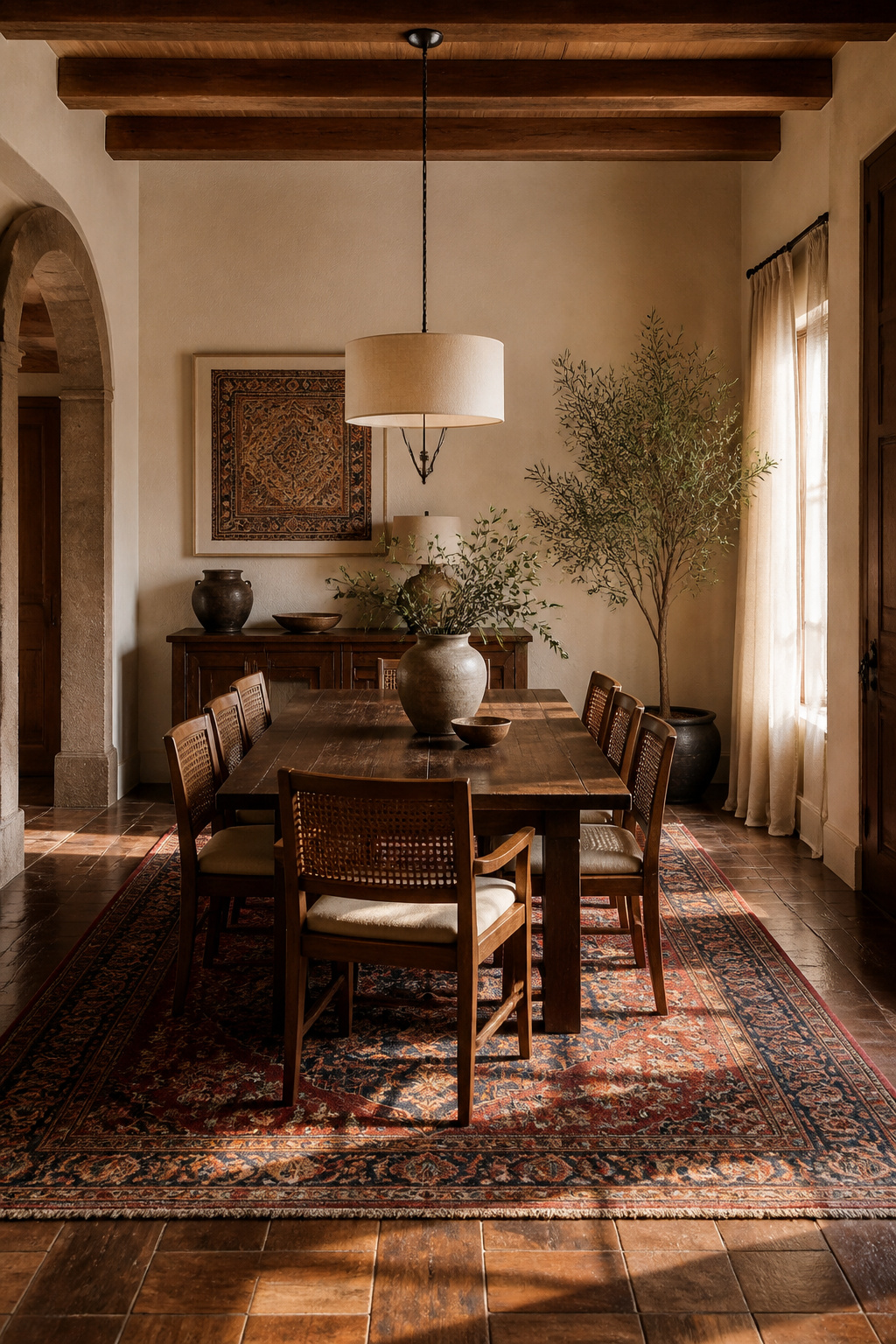 A styled look at antique persian rug anchoring the dining space, photographed in a warm, editorial dining room setting.
