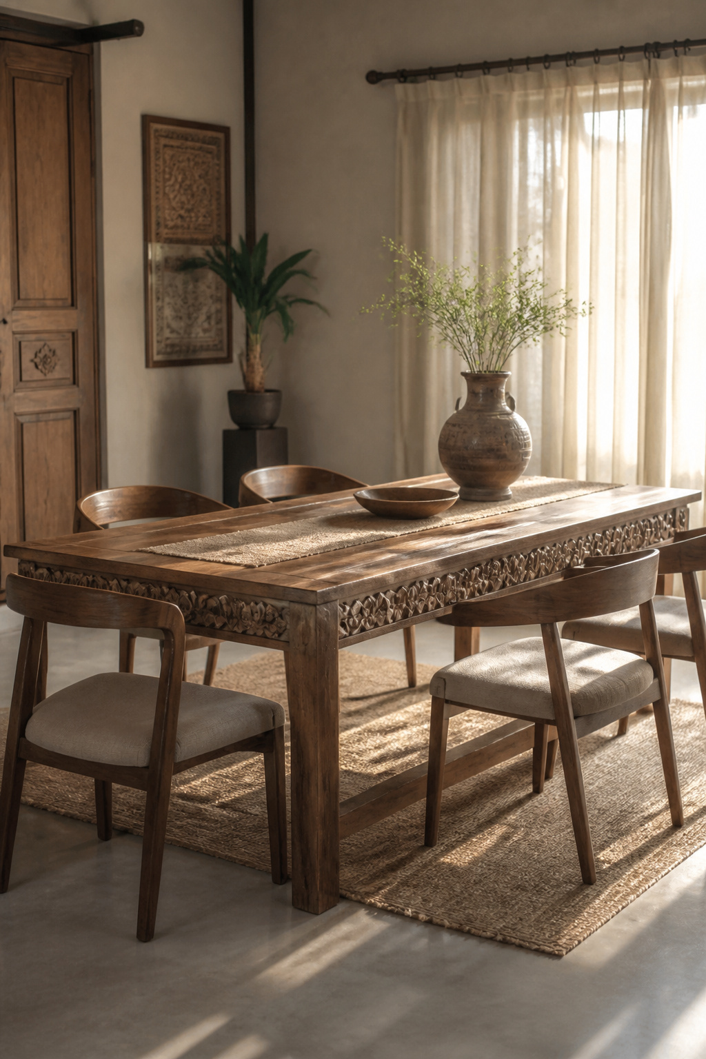 A styled look at reclaimed wood dining room table with carved cultural motifs, photographed in a warm, editorial dining room setting.