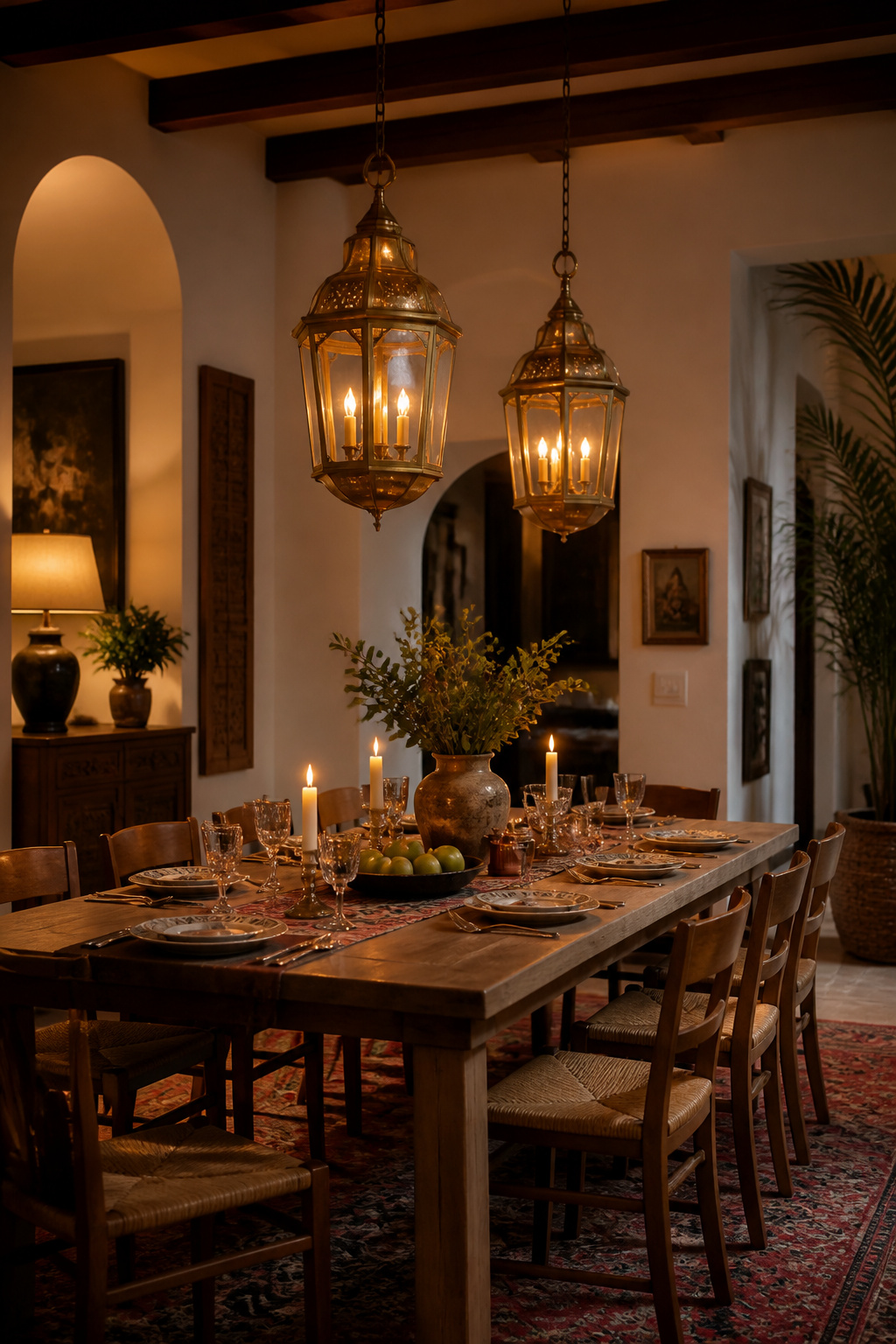 A styled look at brass lantern pendants hung low over the table, photographed in a warm, editorial dining room setting.