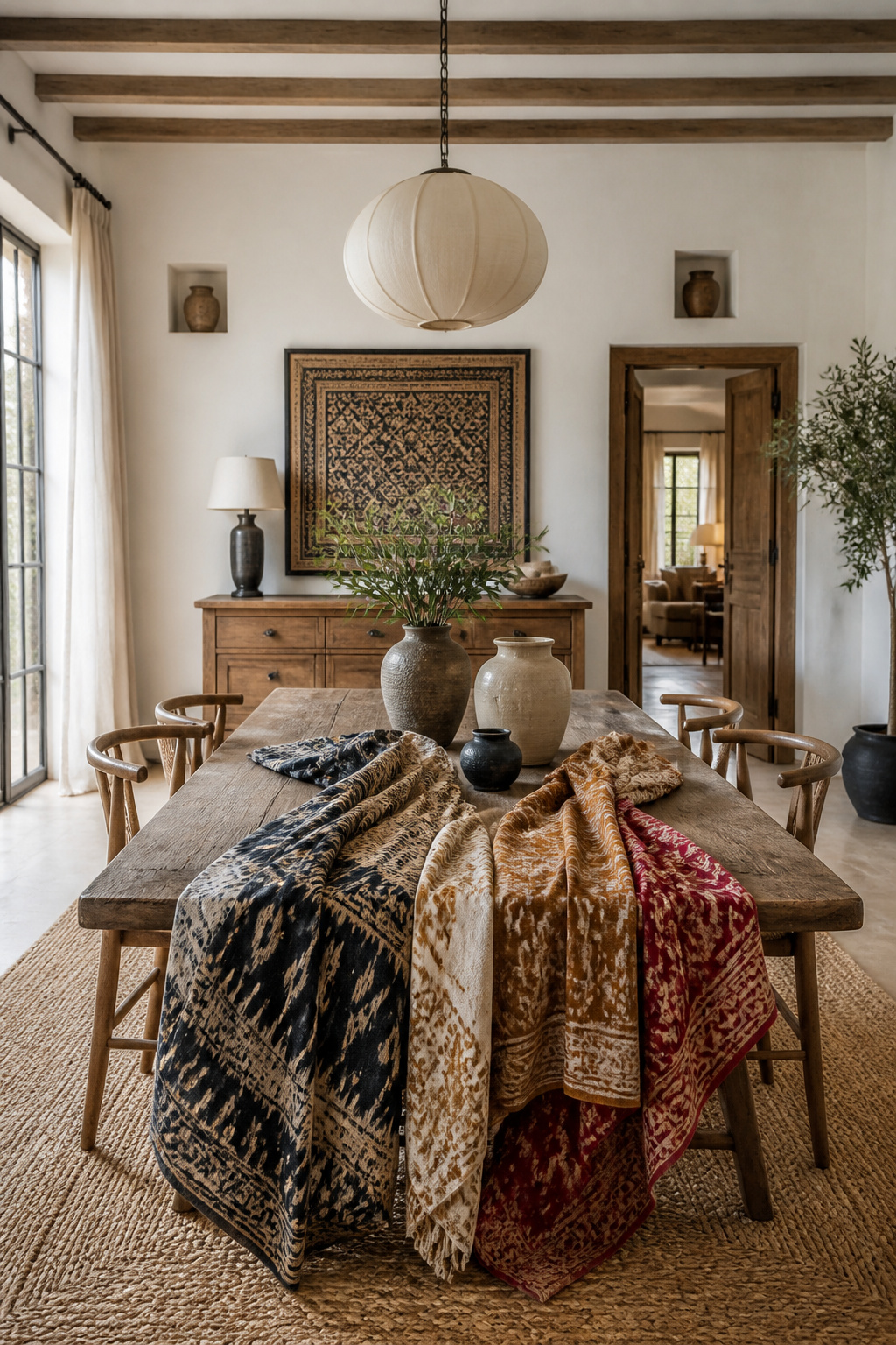 A styled look at layered global textiles as an everyday table centerpiece, photographed in a warm, editorial dining room setting.