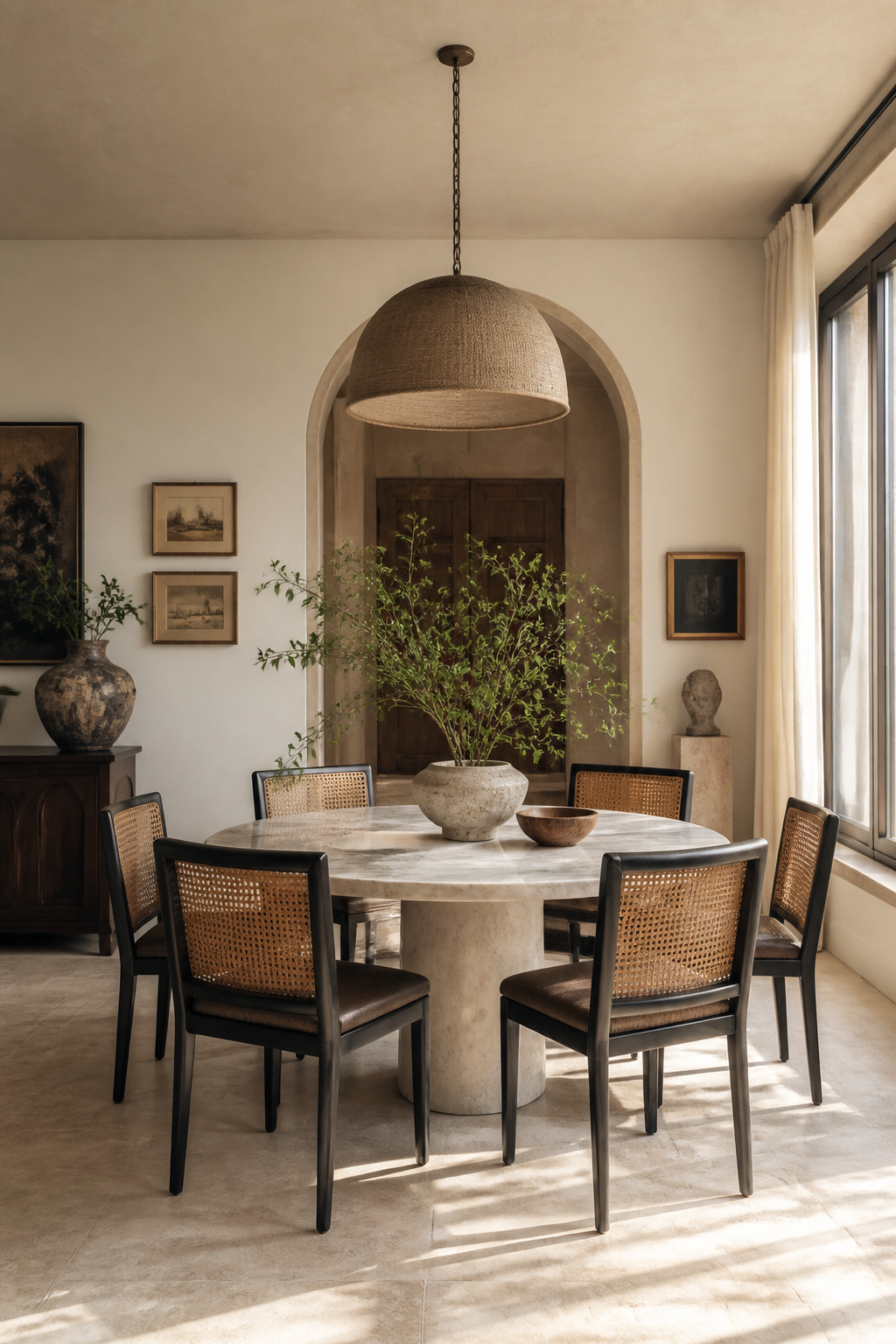 A styled look at rattan and cane dining chairs paired with a stone-top table, photographed in a warm, editorial dining room setting.