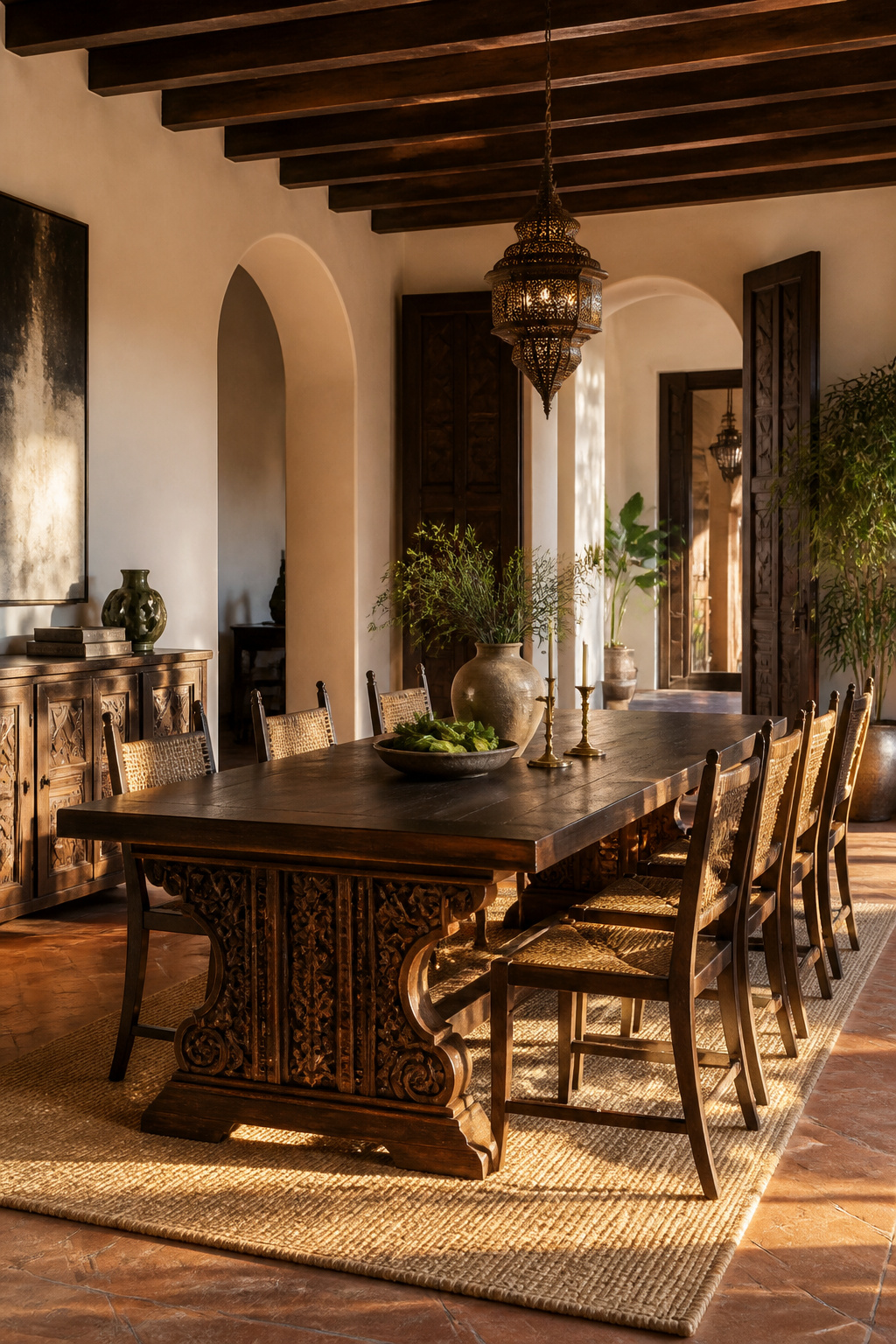 A styled look at hand-carved trestle dining room table from rajasthani artisans, photographed in a warm, editorial dining room setting.