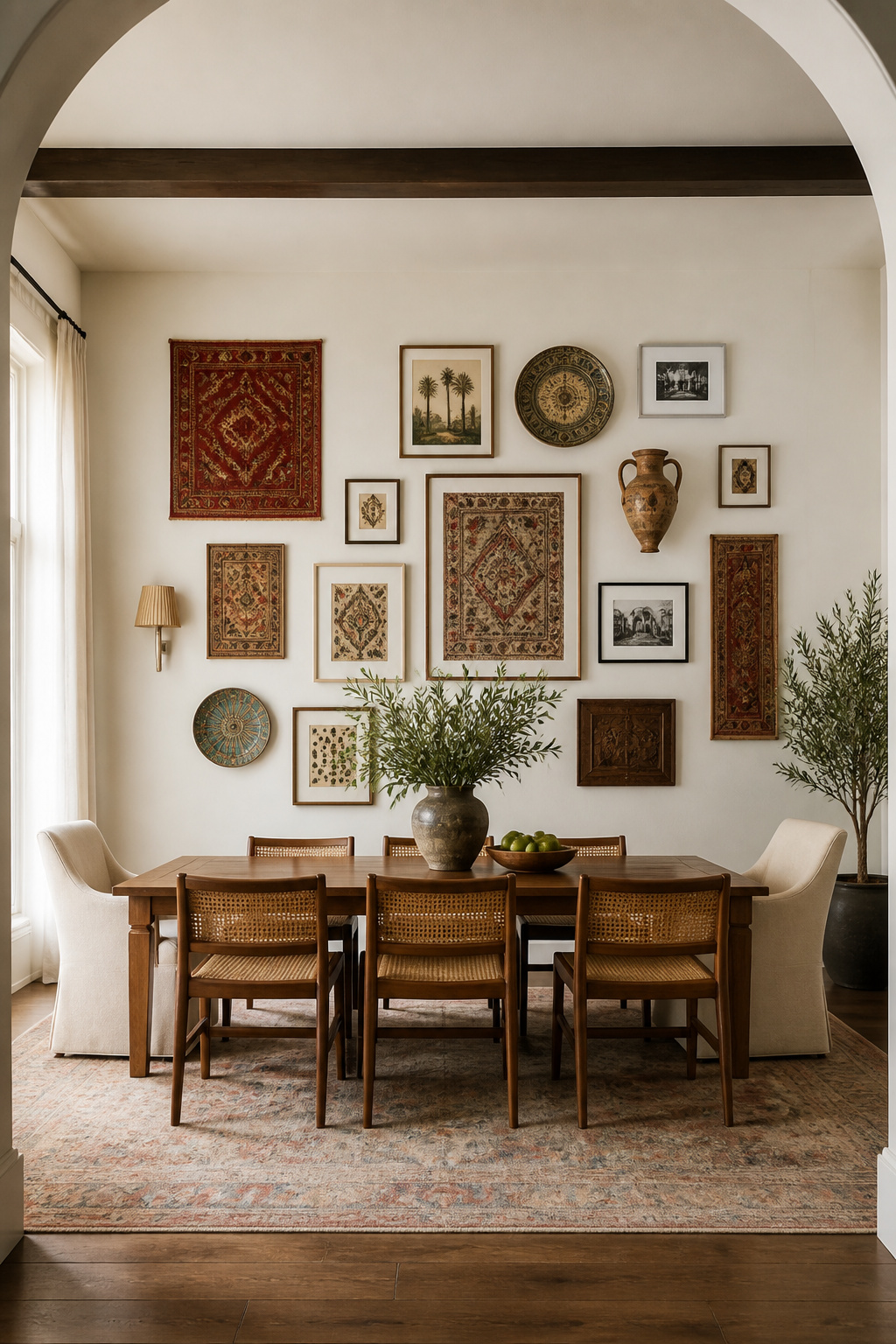 A styled look at gallery wall behind the table featuring cultural art, photographed in a warm, editorial dining room setting.
