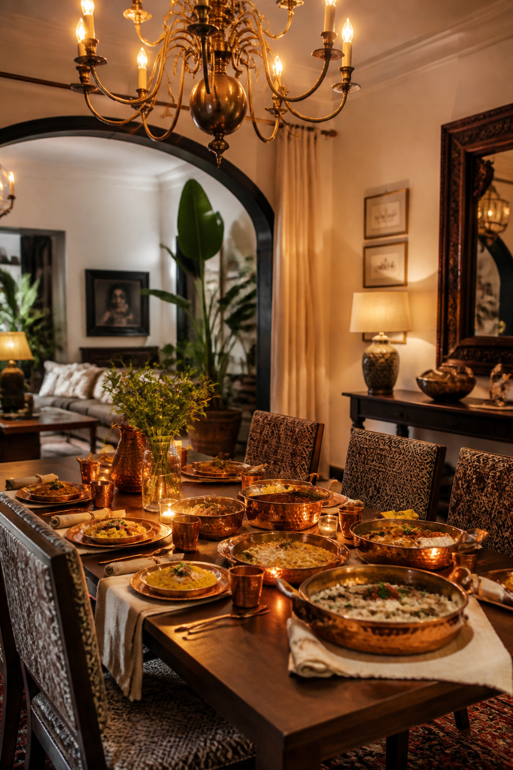 A styled look at copper and brass serveware styled for everyday entertaining, photographed in a warm, editorial dining room setting.