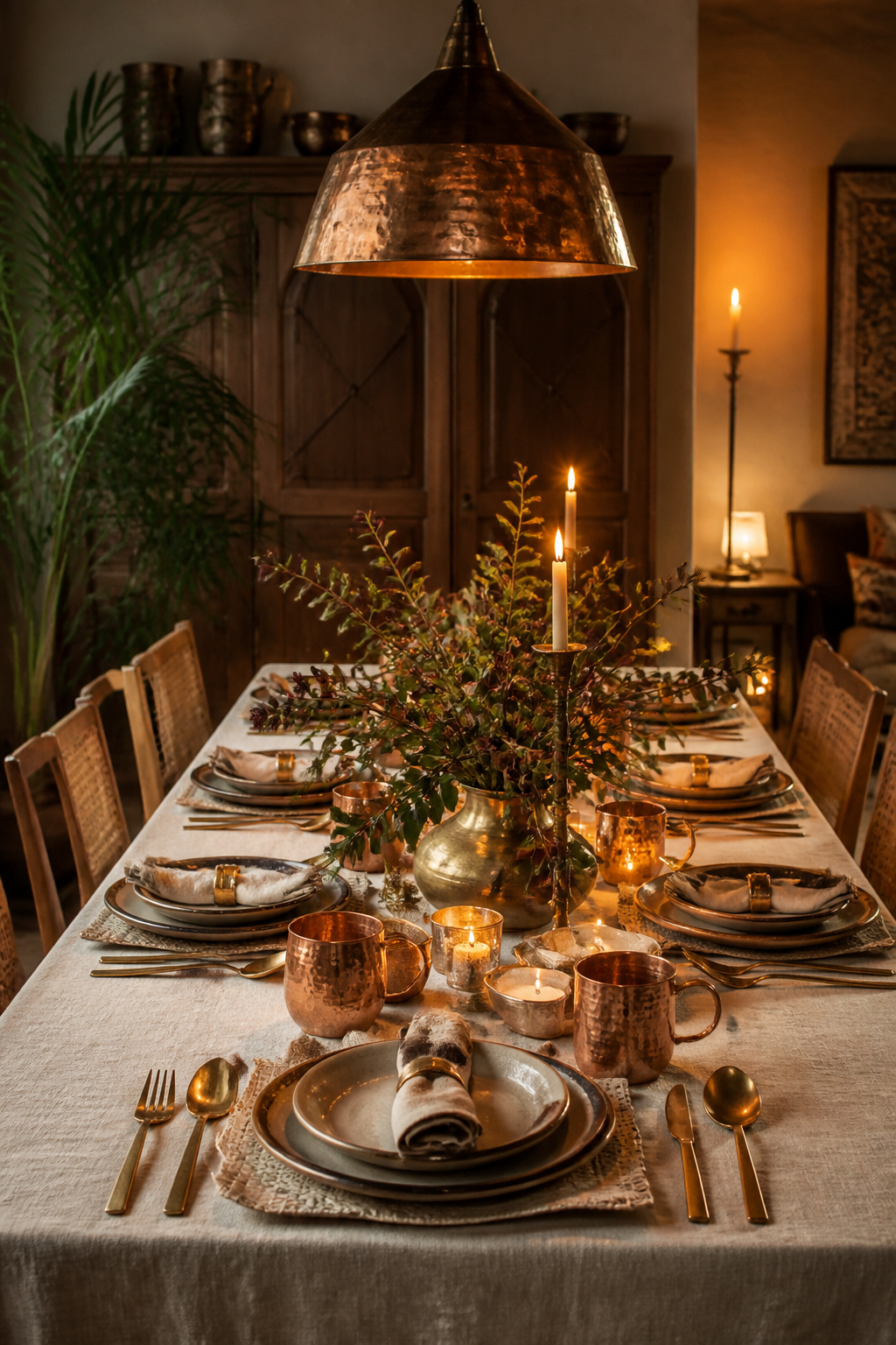 A styled look at mixed-metal place settings that bridge brass and copper, photographed in a warm, editorial dining room setting.