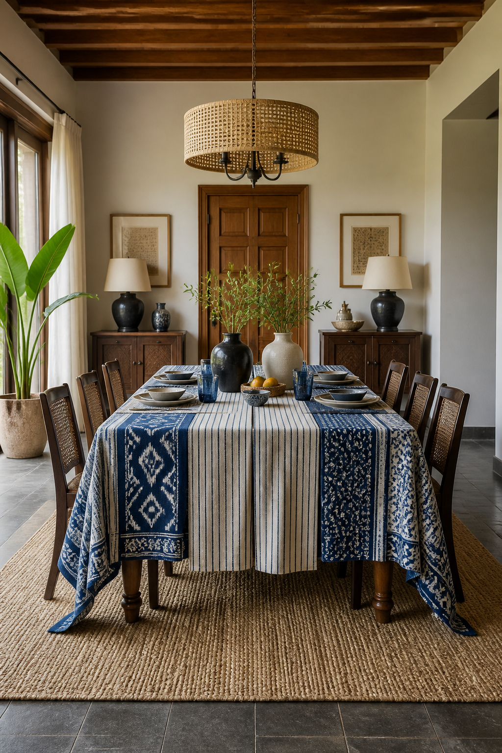 A styled look at hand-loomed table linens with global pattern mixing for the dining table, photographed in a warm, editorial dining room setting.