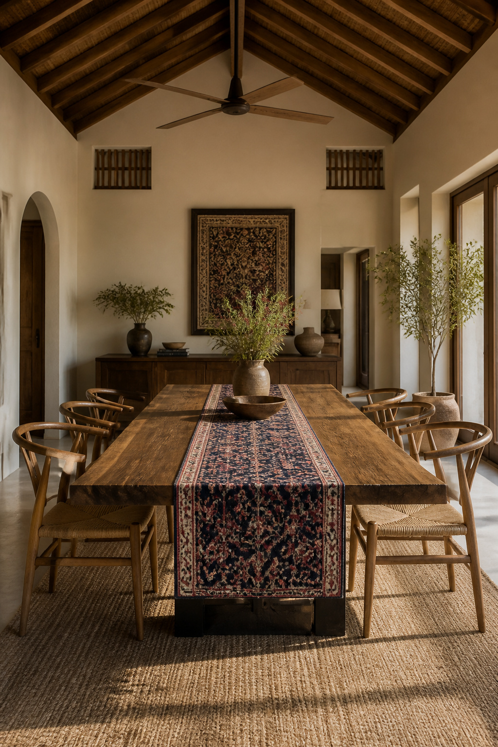 A styled look at hand-block-printed table runners layered over a live-edge surface, photographed in a warm, editorial dining room setting.