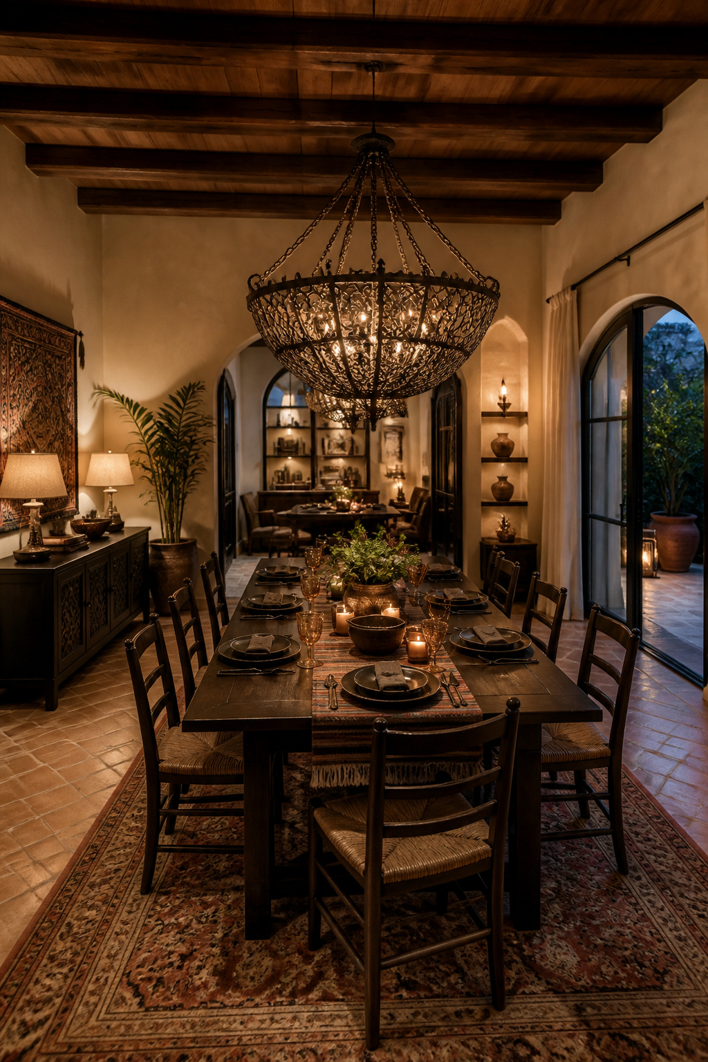 A styled look at statement lighting over the dining room table with global influence, photographed in a warm, editorial dining room setting.