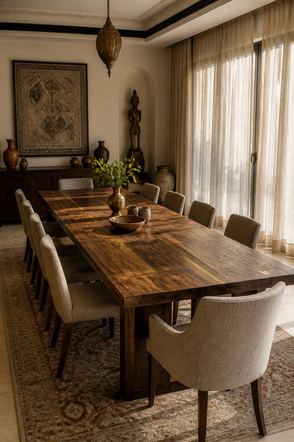A styled look at reclaimed teak dining room table with hand-hammered brass inlay, photographed in a warm, editorial dining room setting.