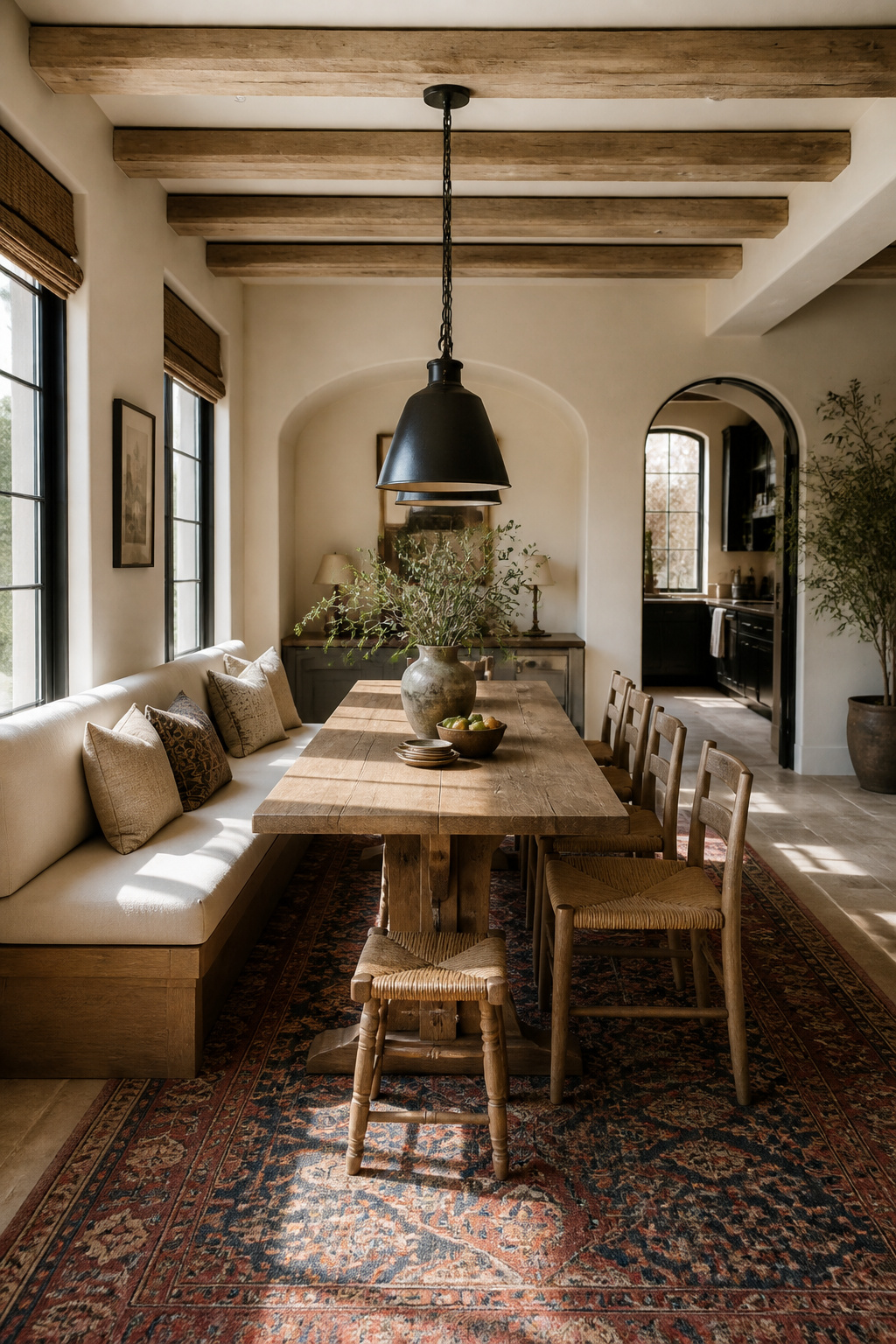 A styled look at mixed seating: bench plus chairs for relaxed cultural dining, photographed in a warm, editorial dining room setting.