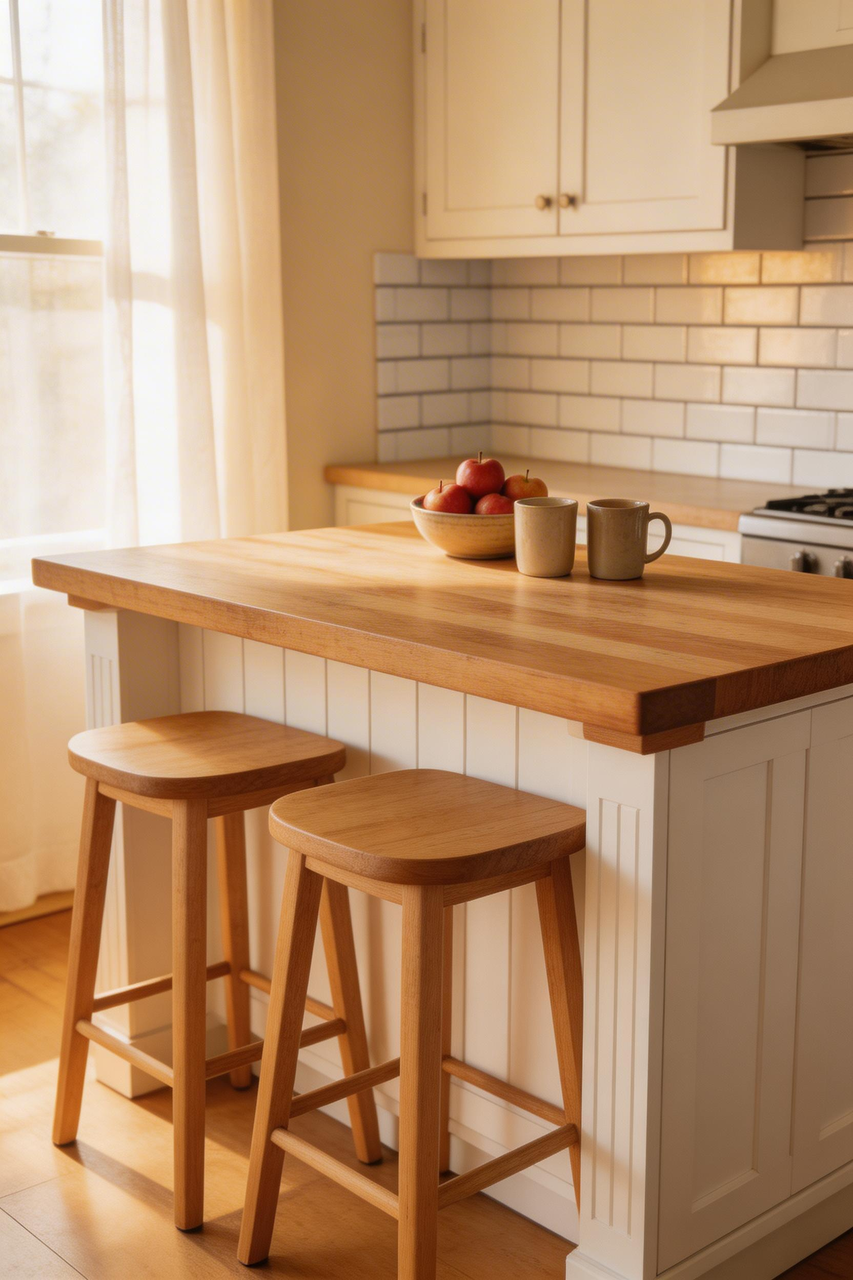 A compact island with the right overhang and counter-height stools creates casual seating without eating into precious floor space.