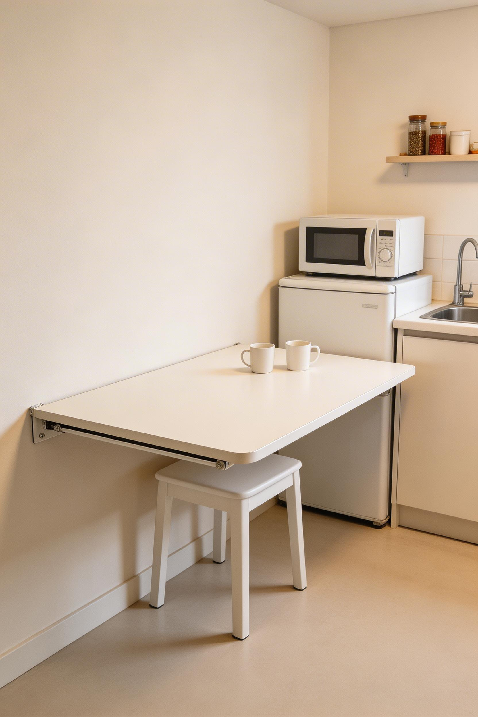 A wall-mounted fold-down island adds real prep surface without taking any permanent floor space — folded up, it's just 3–6 inches from the wall.