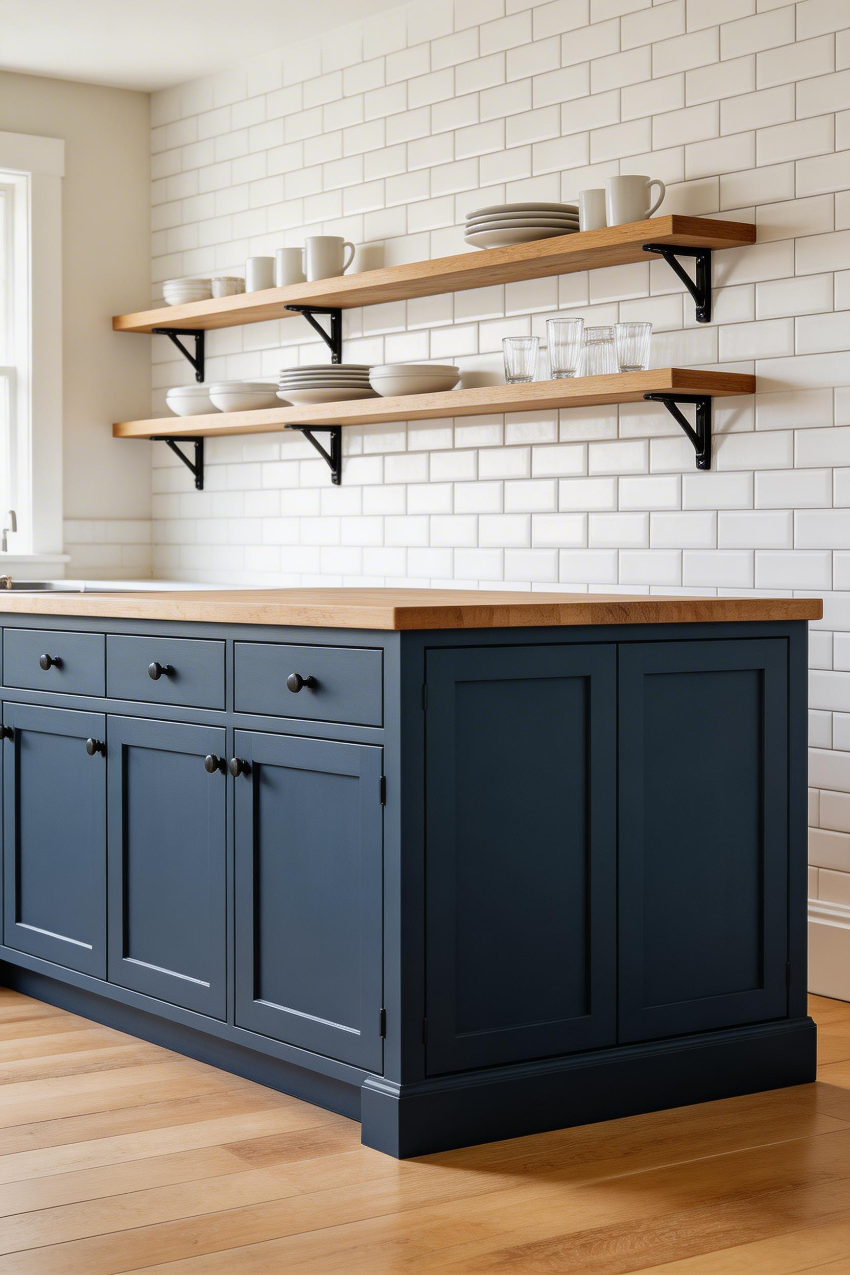 A dark-finished island anchors the open-shelf kitchen, grounding the airy wall shelving and providing closed storage for less photogenic items.