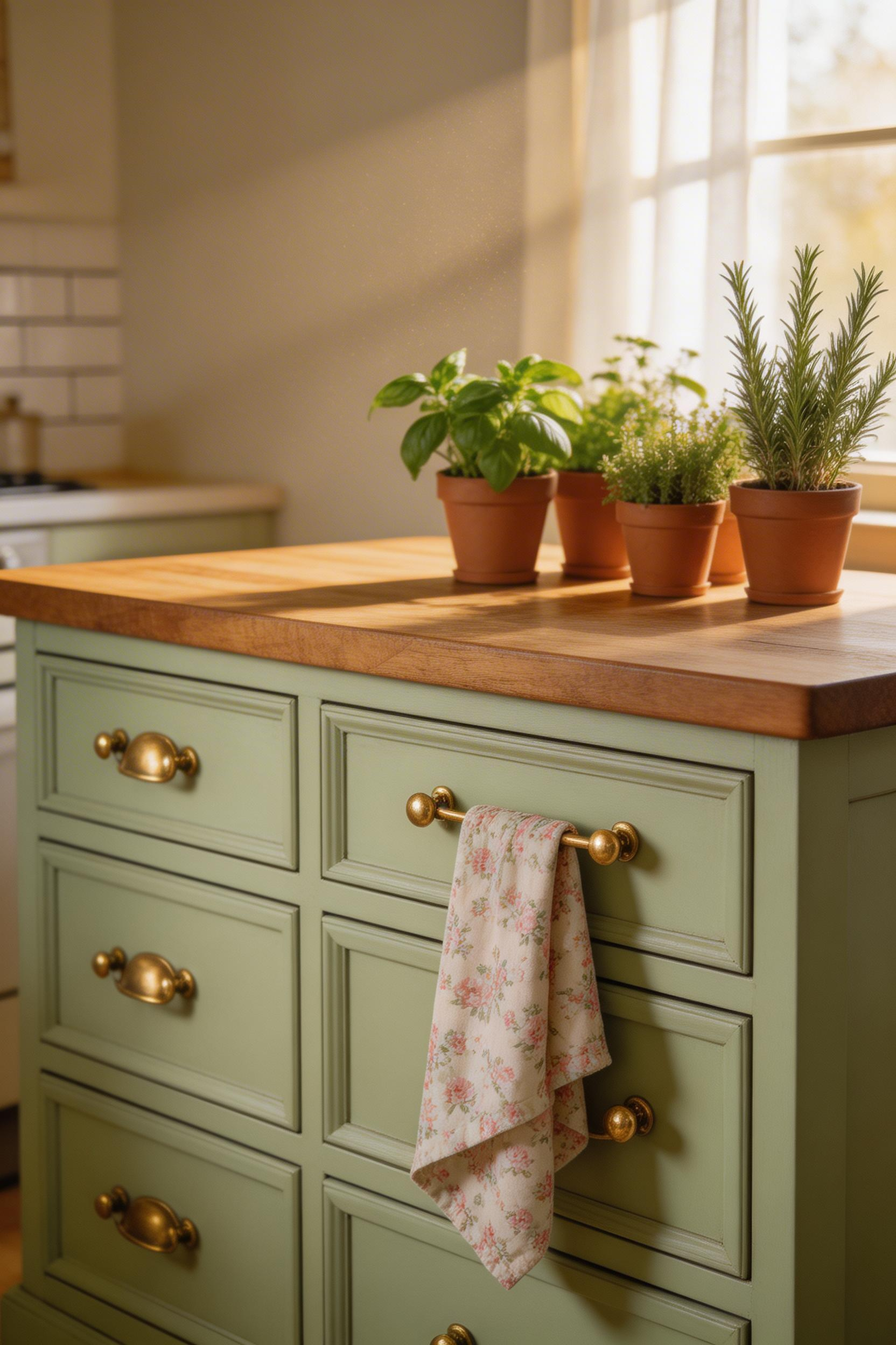 A sealed and painted vintage dresser becomes a completely unique kitchen island with real drawer storage and a top that handles actual prep work.