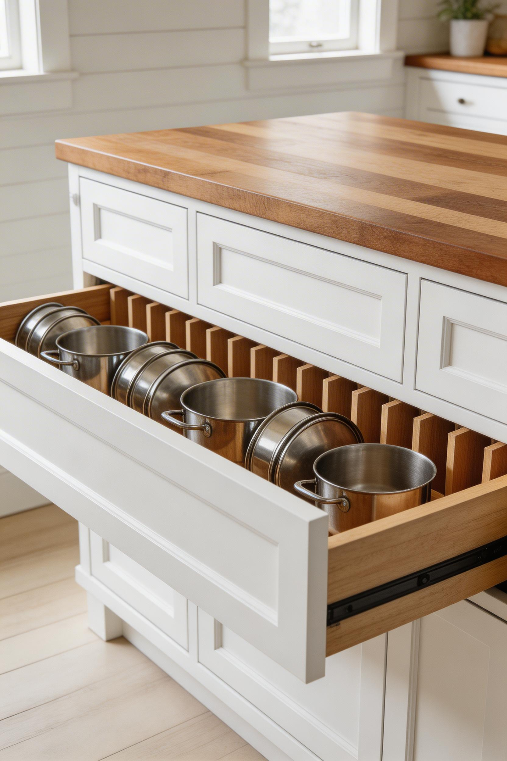 Deep island drawers with soft-close hardware and vertical dividers outperform cabinet doors — you see everything at once, from above, without crouching.