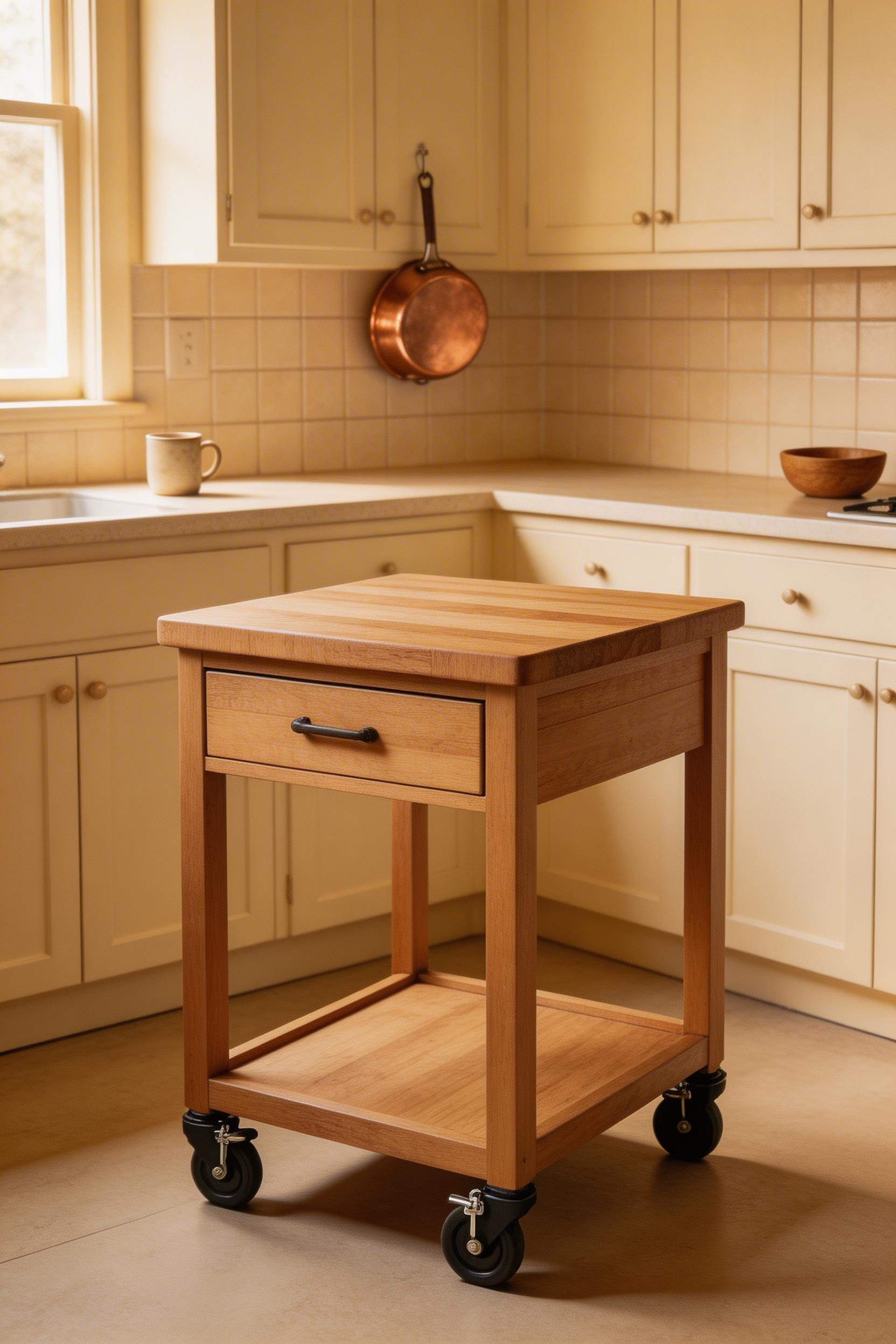 A butcher block rolling cart provides flexible prep space in a compact kitchen, moving where you need it and locking in place when cooking starts.